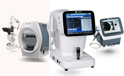 Drei Augenuntersuchungsgeräte: ein Gesichtsfeldanalysator, Refraktor und diagnostisches Bildgebungssystem