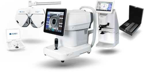 Sammlung von vier ophthalmologischen Geräten: Autorefraktor,  Lensometer und digitale Geräte für Augenuntersuchungen
